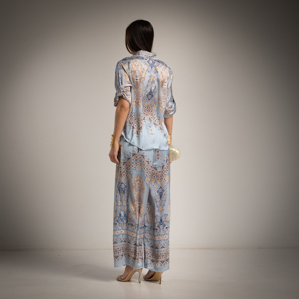 satin baroque co ord set back view blouse and pants elegant light blue outfit