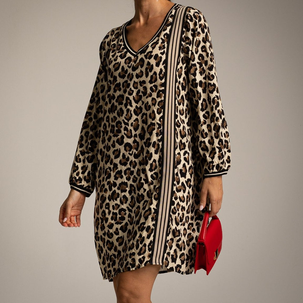 Animal leopard print tunic dress with V-neckline and contrast striped trim - front view