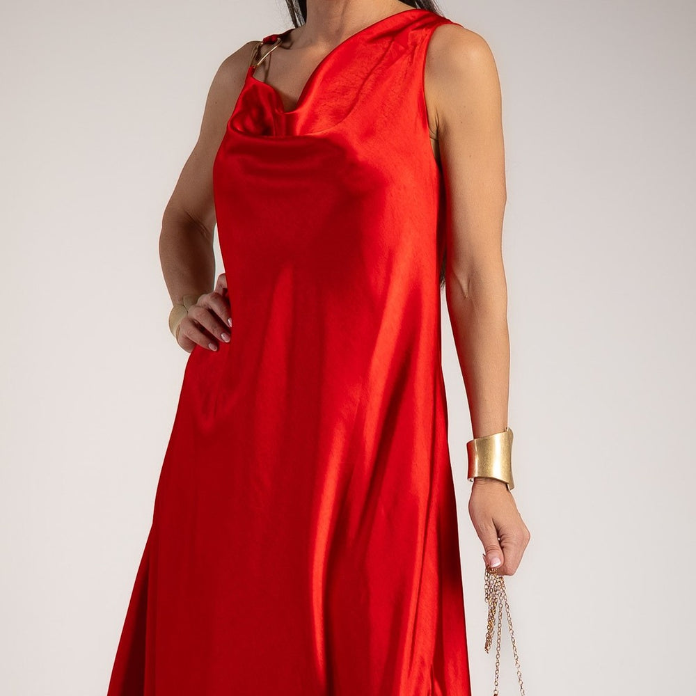 Scarlet red satin maxi dress featuring a draped neckline and elegant gold-tone shoulder detail