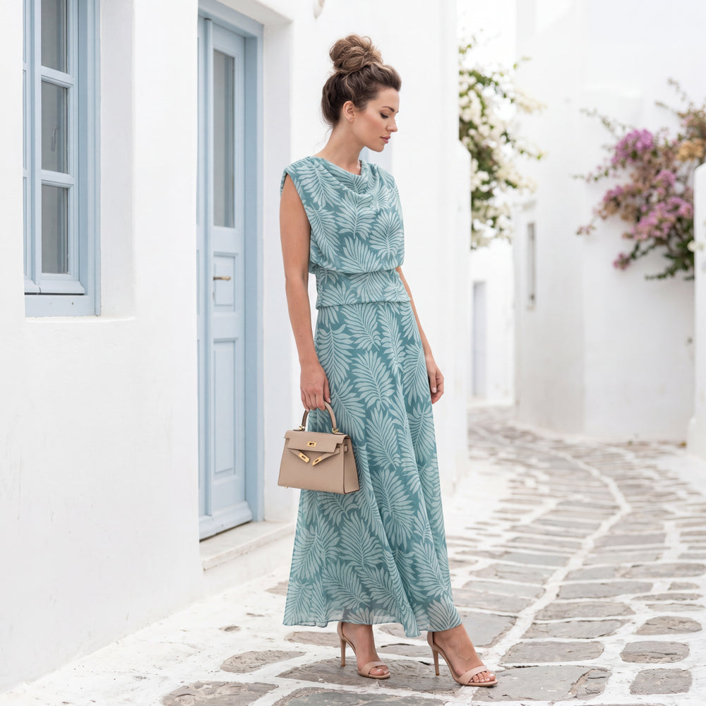 MARIΓIOÚ sea blue palm print resort set with flowing maxi skirt in Mediterranean alley
