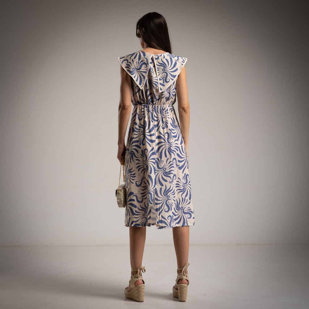 MARIΓIOÚ sea blue patterned midi dress lightweight back view