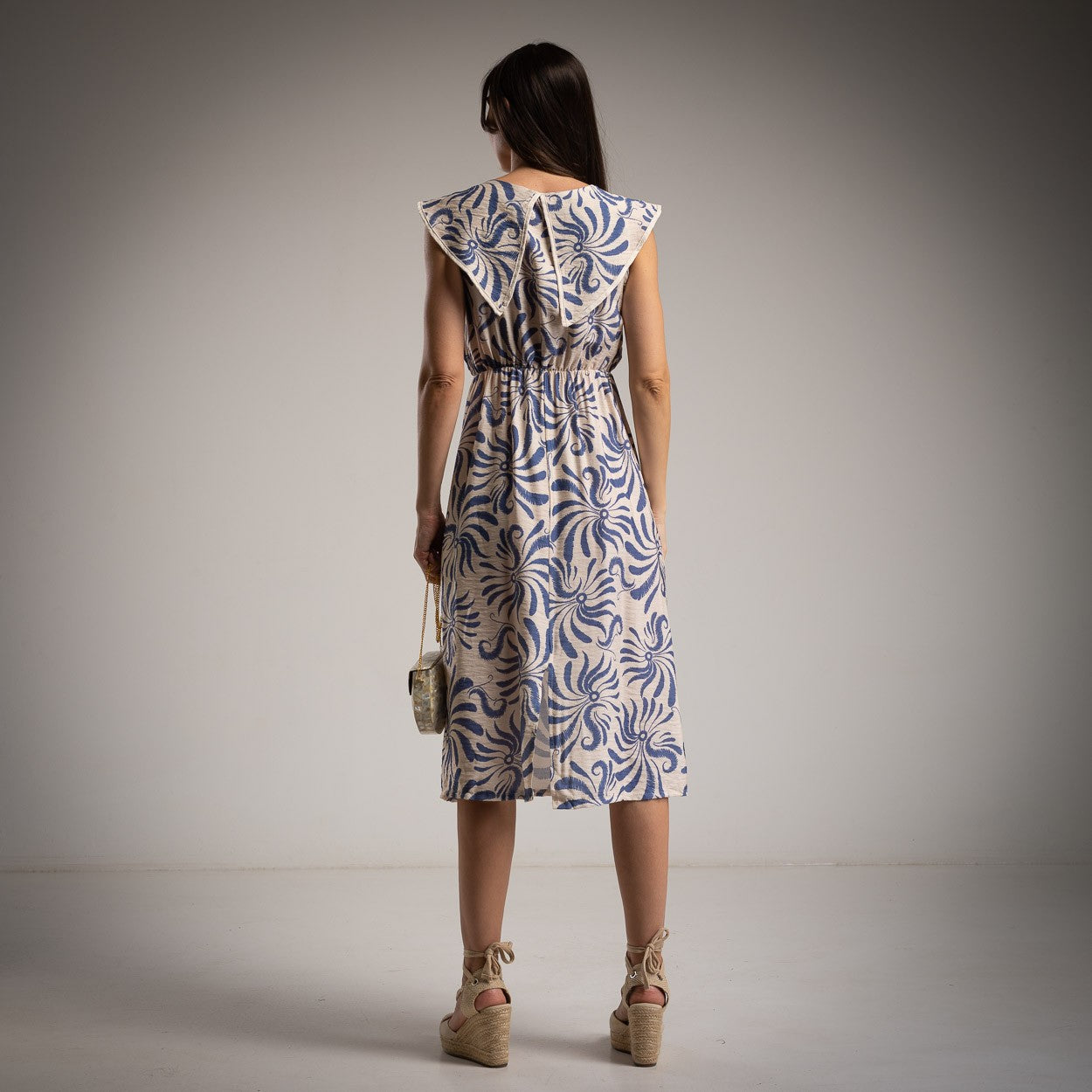 MARIΓIOÚ sea blue patterned midi dress lightweight back view