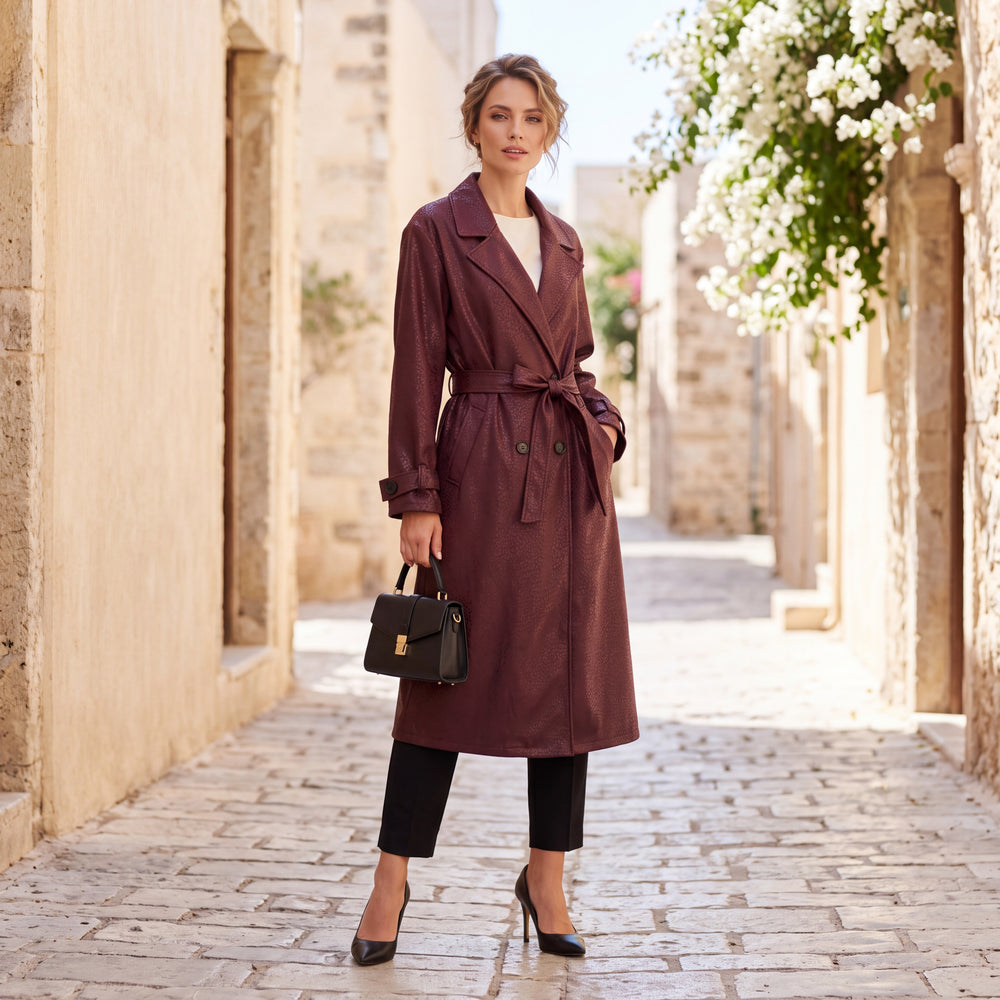 Deep Wine Red embossed leopard trench coat with wide lapels and tie belt by MARIΓIOU