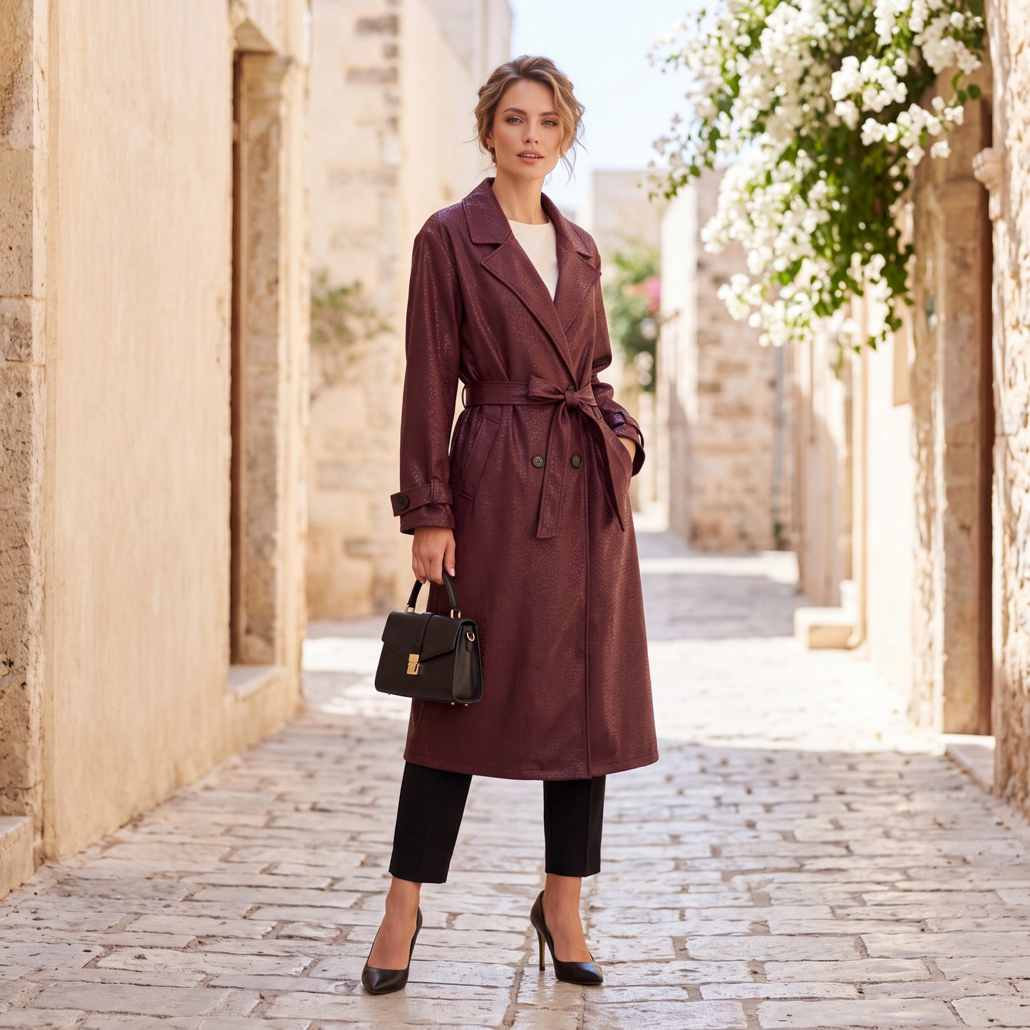 Deep Wine Red embossed leopard trench coat with wide lapels and tie belt by MARIΓIOU
