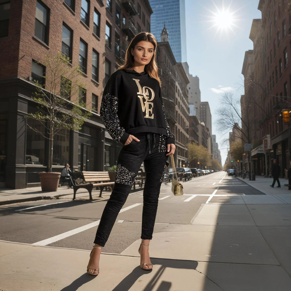 marigiou sequin sleeve love hoodie full look