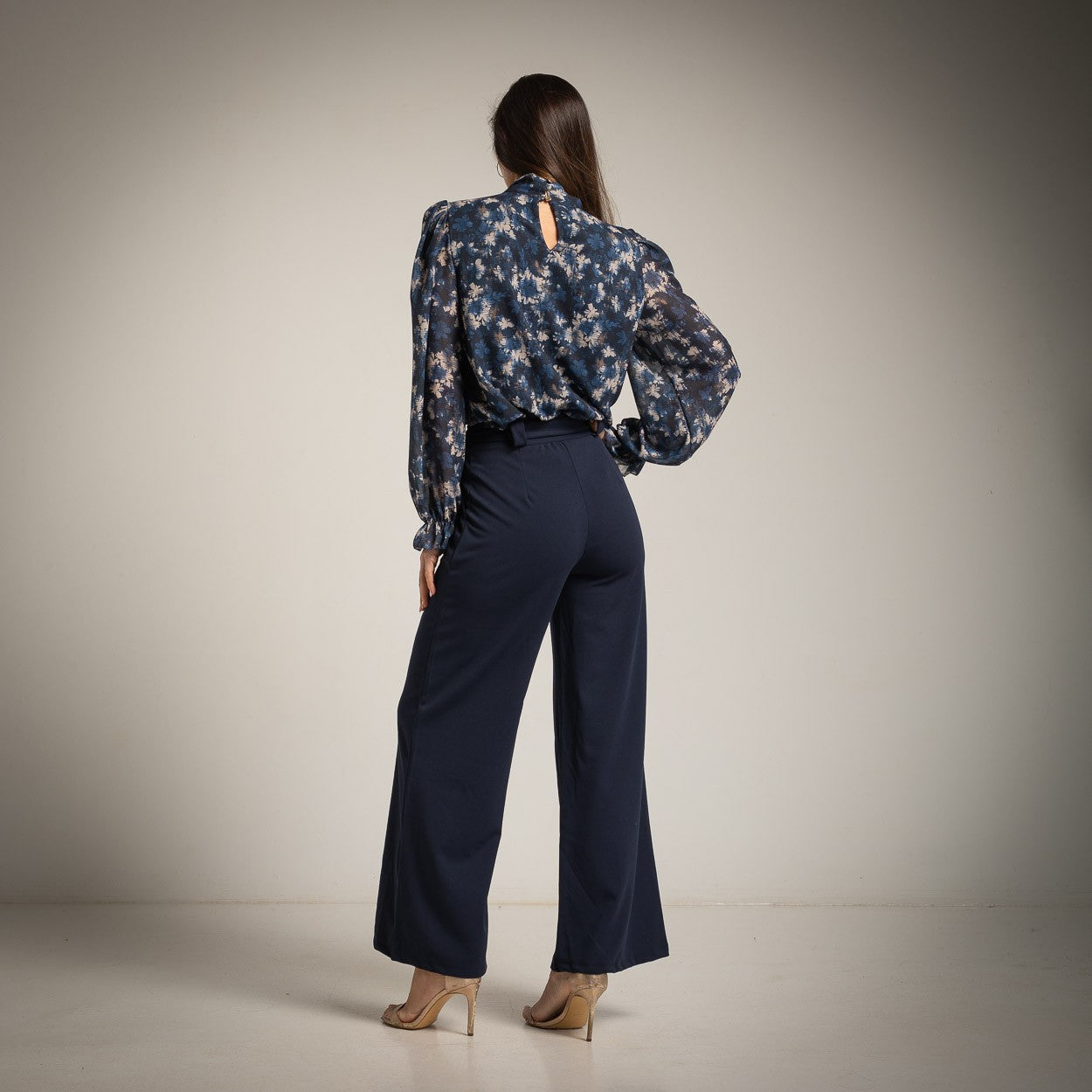 Midnight Blue floral print chiffon blouse with tie-neck bow and balloon sleeves - back view