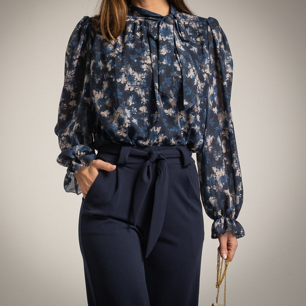 Midnight Blue floral print chiffon blouse with tie-neck bow and balloon sleeves - front view