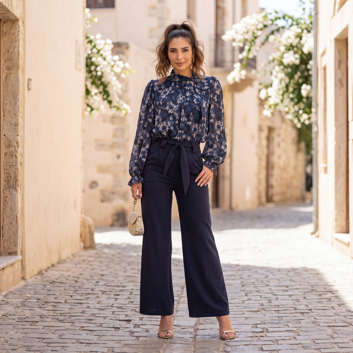 Midnight Blue floral print chiffon blouse with tie-neck bow and balloon sleeves by MARIΓIOU