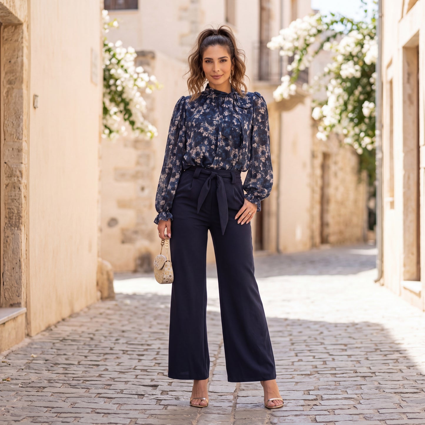 Midnight Blue floral print chiffon blouse with tie-neck bow and balloon sleeves by MARIΓIOU