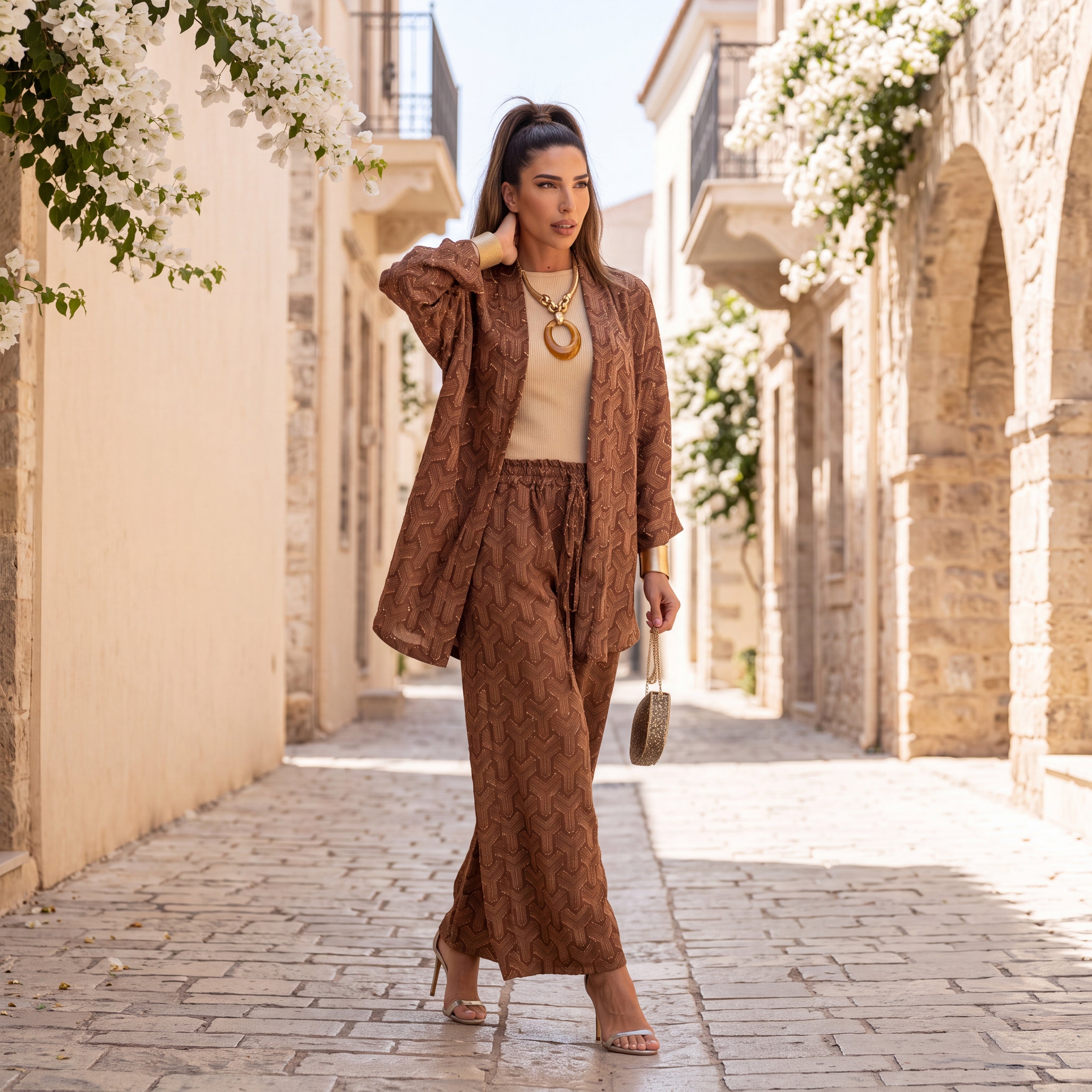 Woman wearing the Siena Textured Co-Ord Set in Cinnamon Brown styled outdoors with an elegant autumn look.
