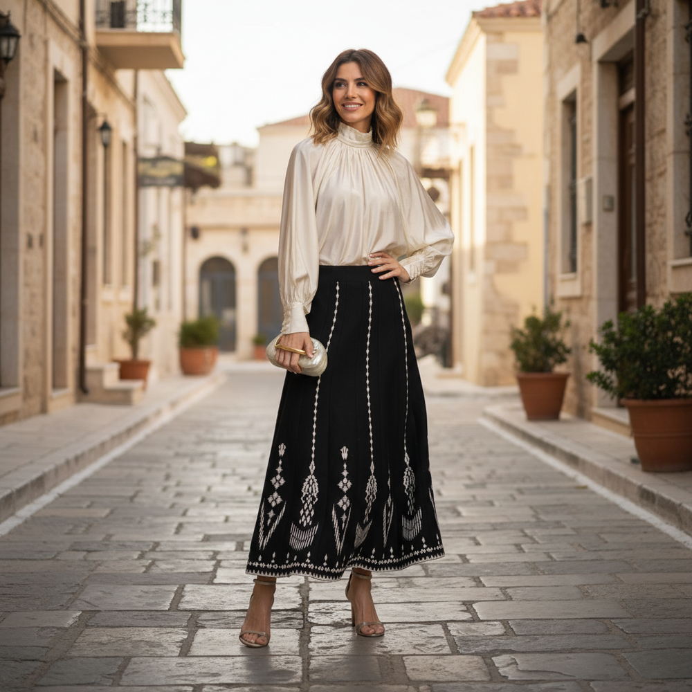 Beige silk effect blouse with high neckline – front view