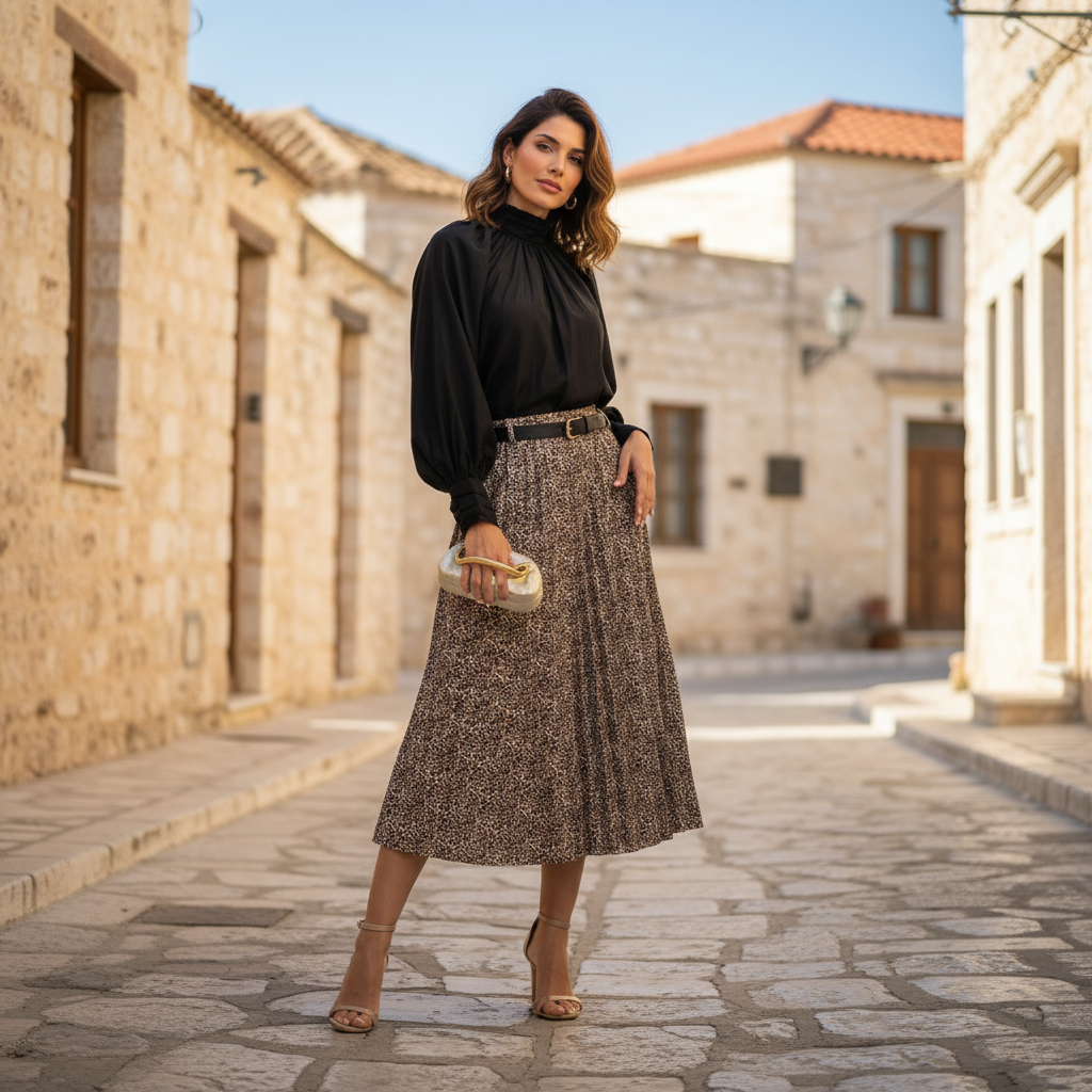 Black silk effect blouse with high neckline – front view
