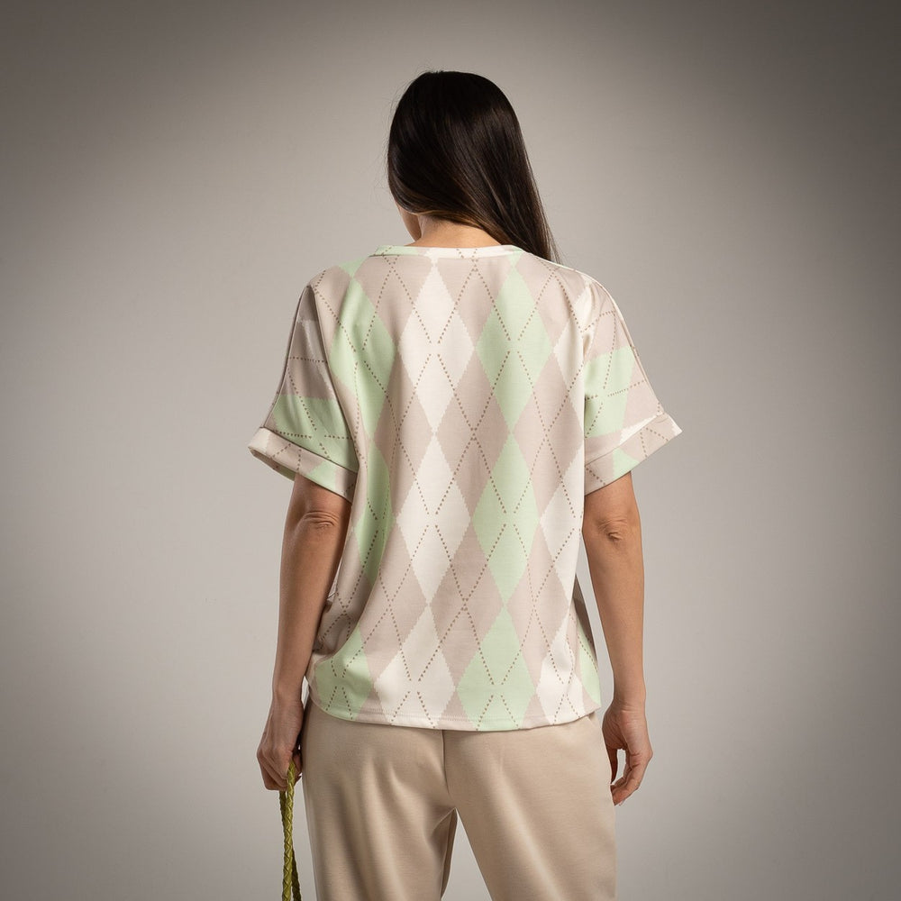MARIΓIOÚ soft argyle print relaxed shirt back view with stretch pants