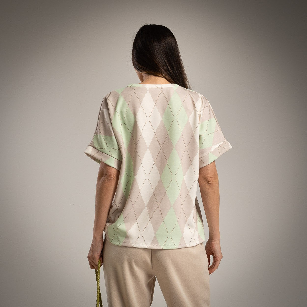 MARIΓIOÚ soft argyle print relaxed shirt back view with stretch pants