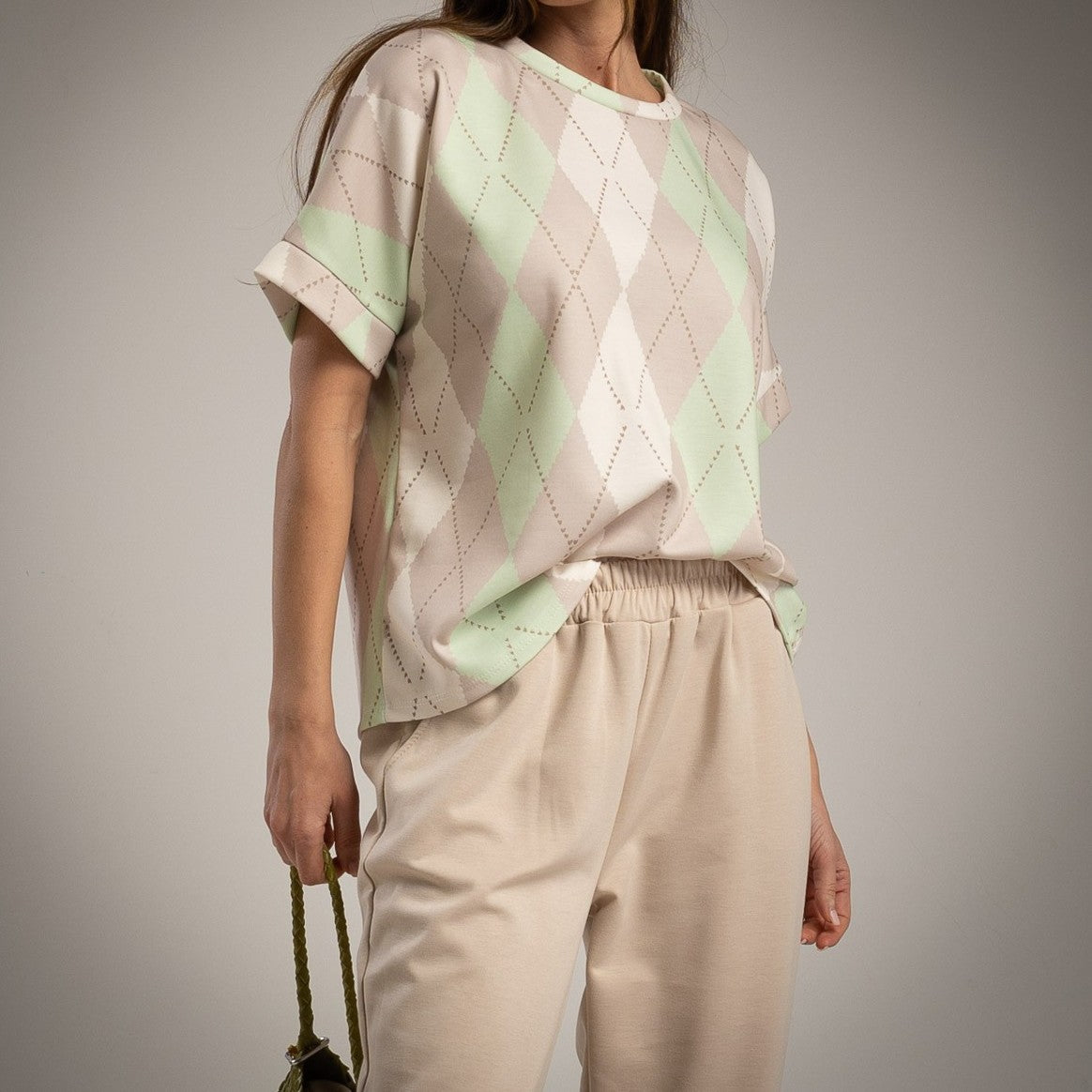 MARIΓIOÚ soft argyle print shirt and elastic waist pants front view
