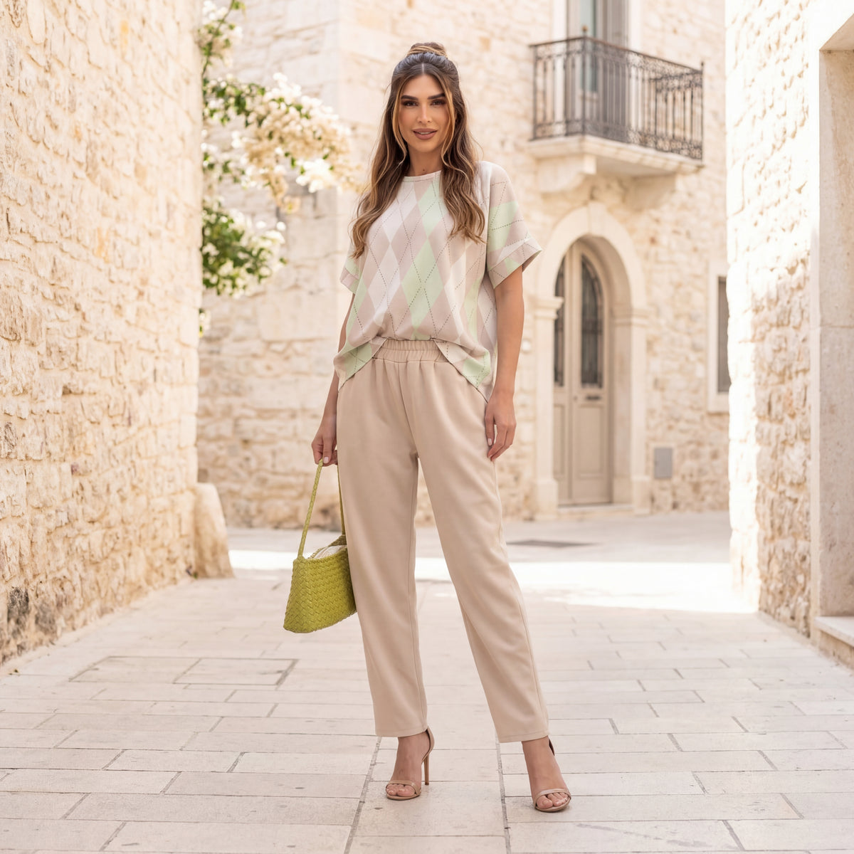 MARIΓIOÚ soft argyle print two piece set full body styled look