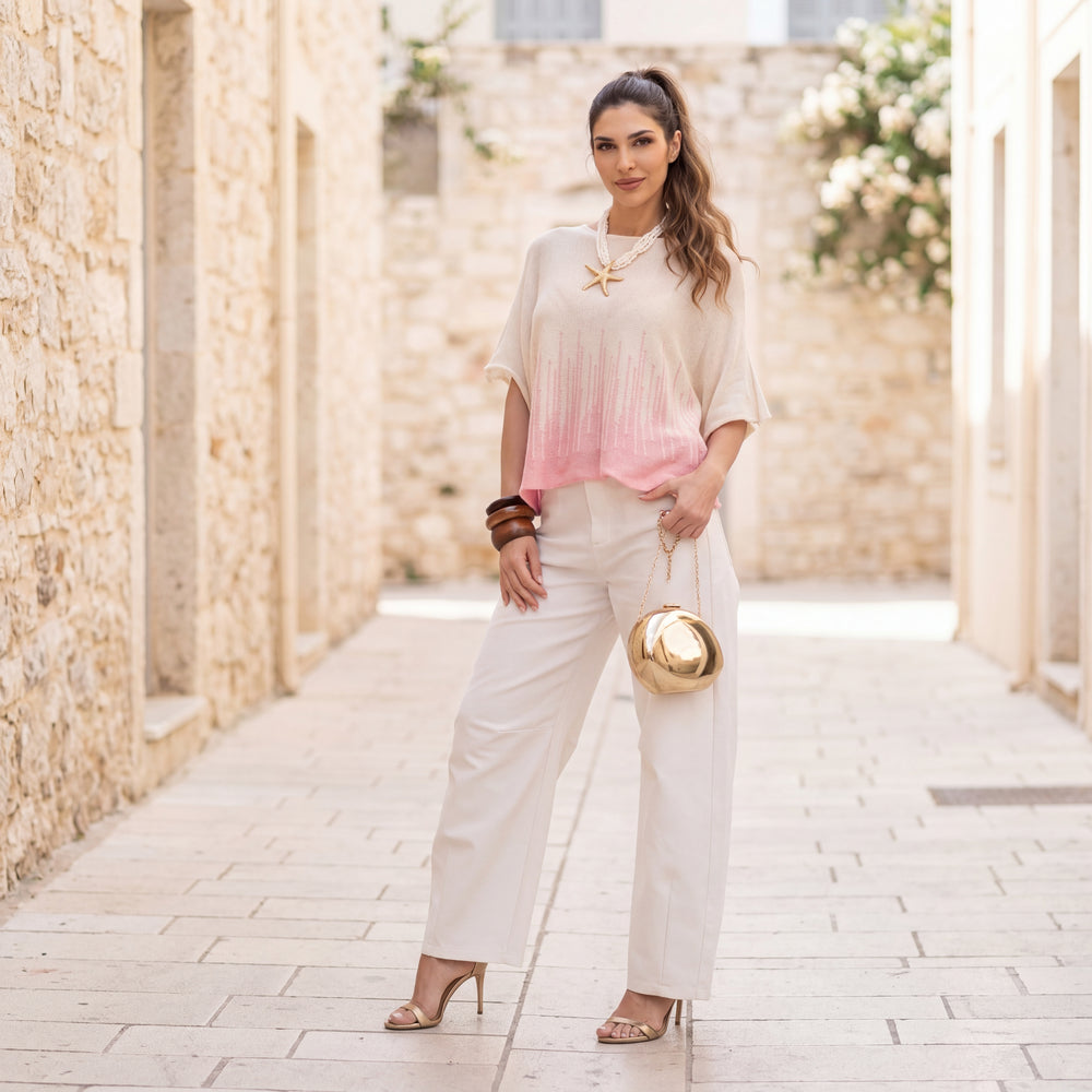 Soft blush pink summer knit shirt outfit Mediterranean summer look MARIΓIOÚ