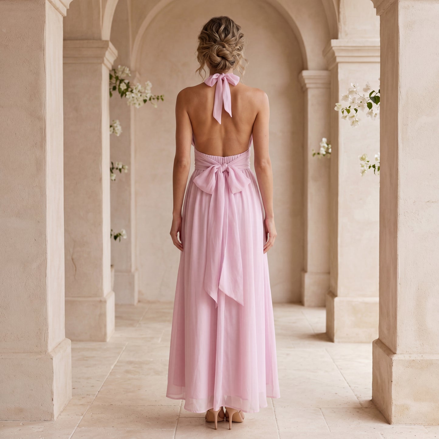 Back view of soft blush rose halterneck chiffon maxi dress with open back and bow detail