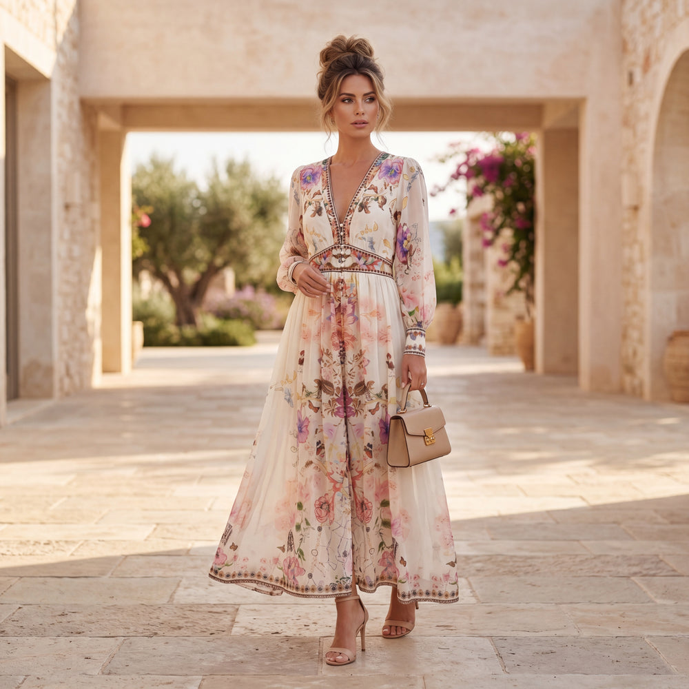 Feminine bohemian inspired maxi dress with watercolor floral print
