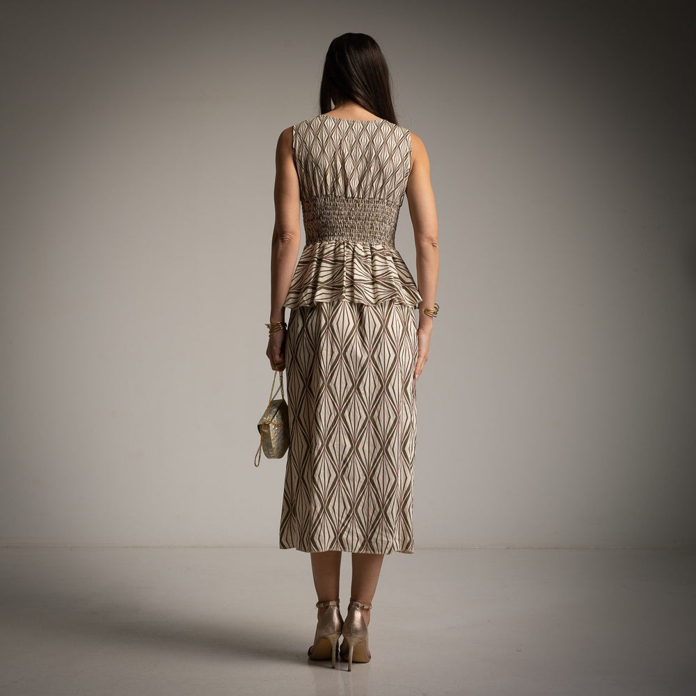 marigiou soft olive sand peplum midi dress back view