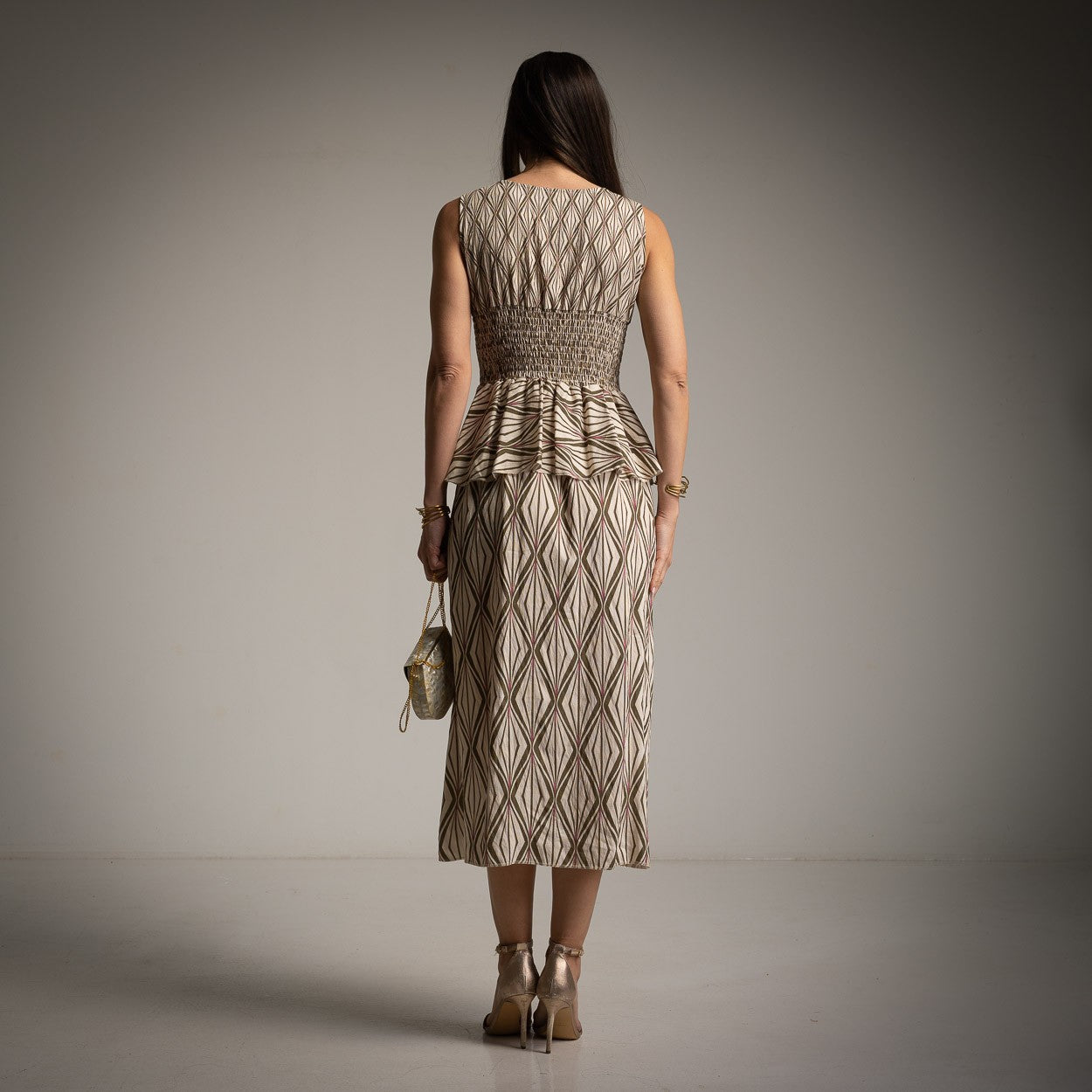 marigiou soft olive sand peplum midi dress back view