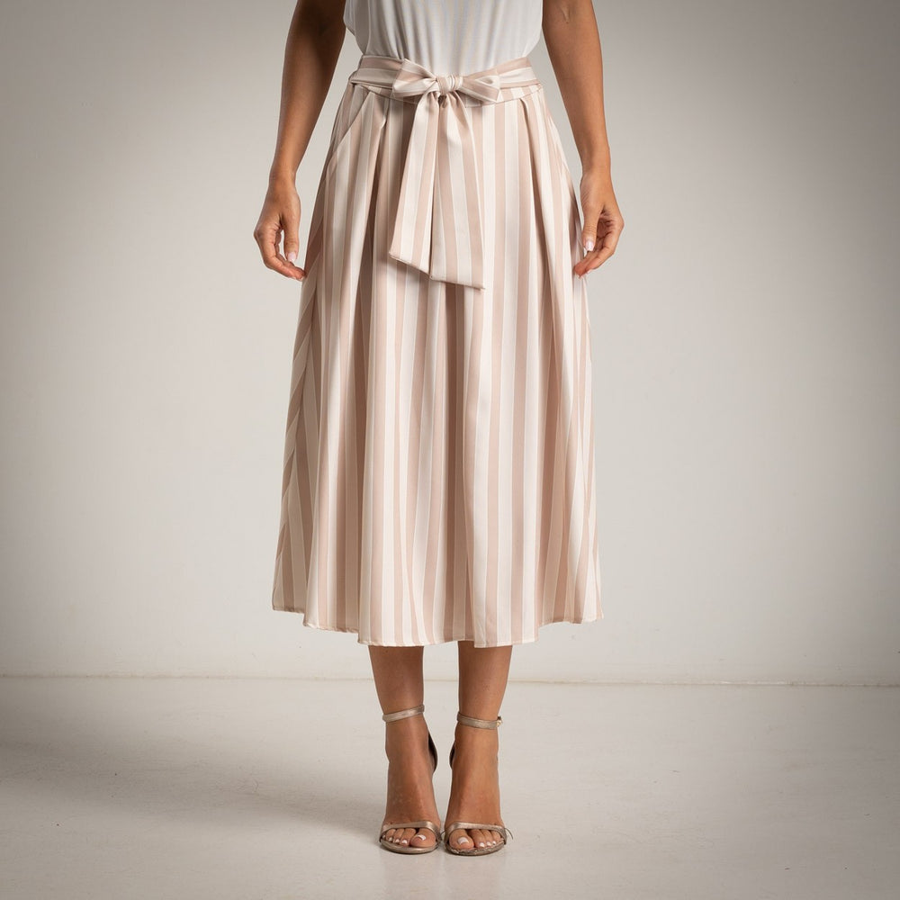 Soft sand striped midi skirt with belt front view elegant summer look MARIΓIOÚ