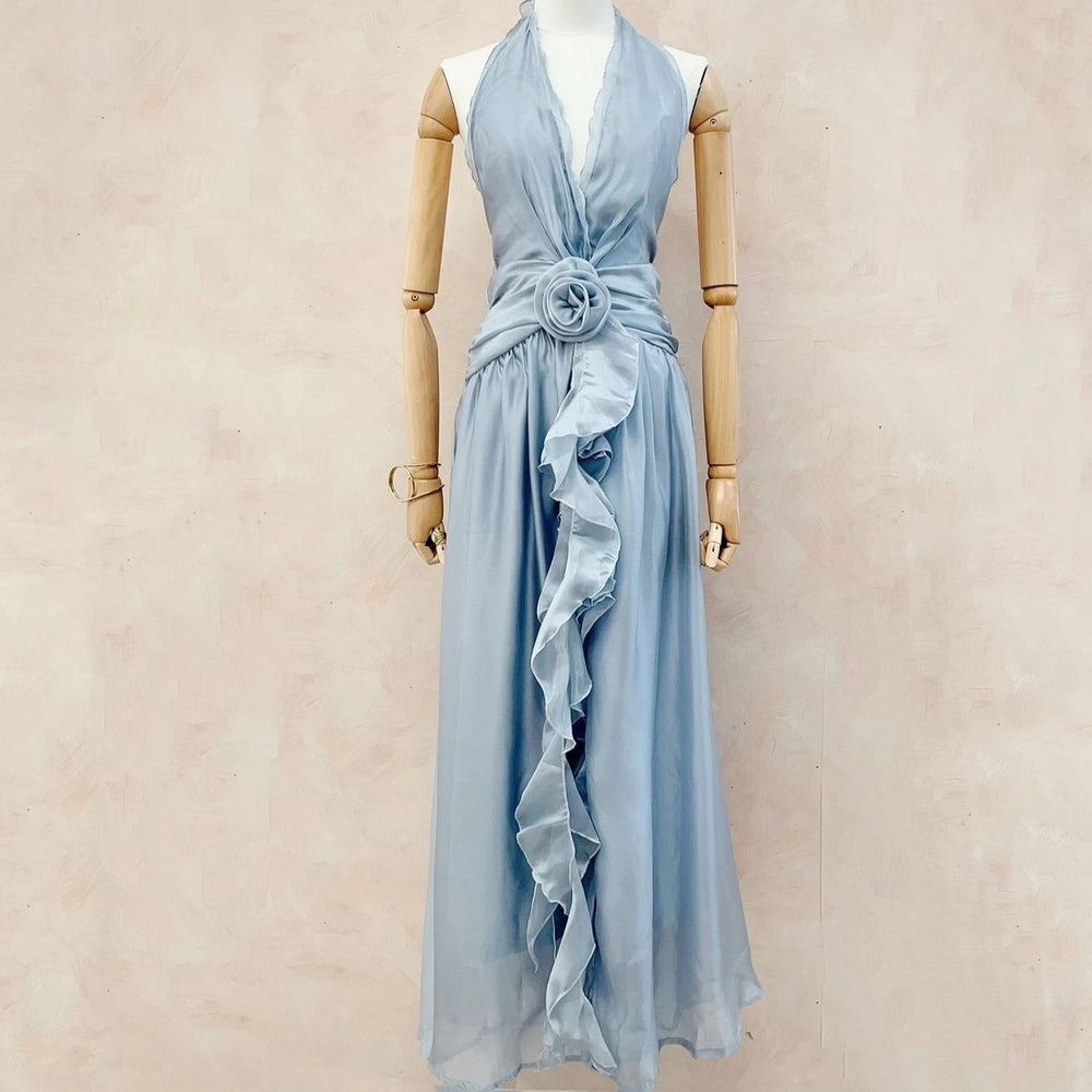 Soft blush rose halterneck chiffon maxi dress with floral waist detail front view