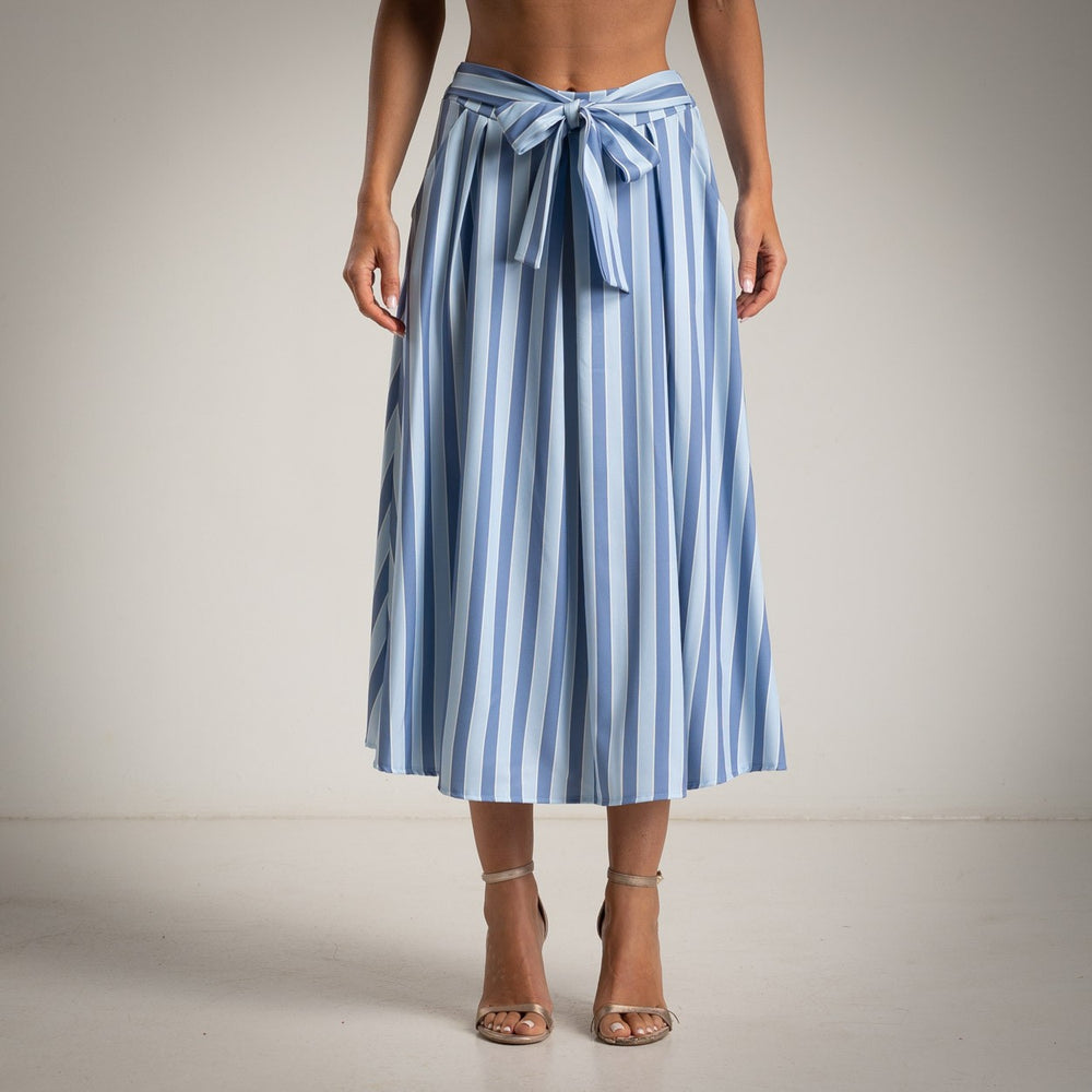 Soft sky blue striped midi skirt with belt front view summer style MARIΓIOÚ