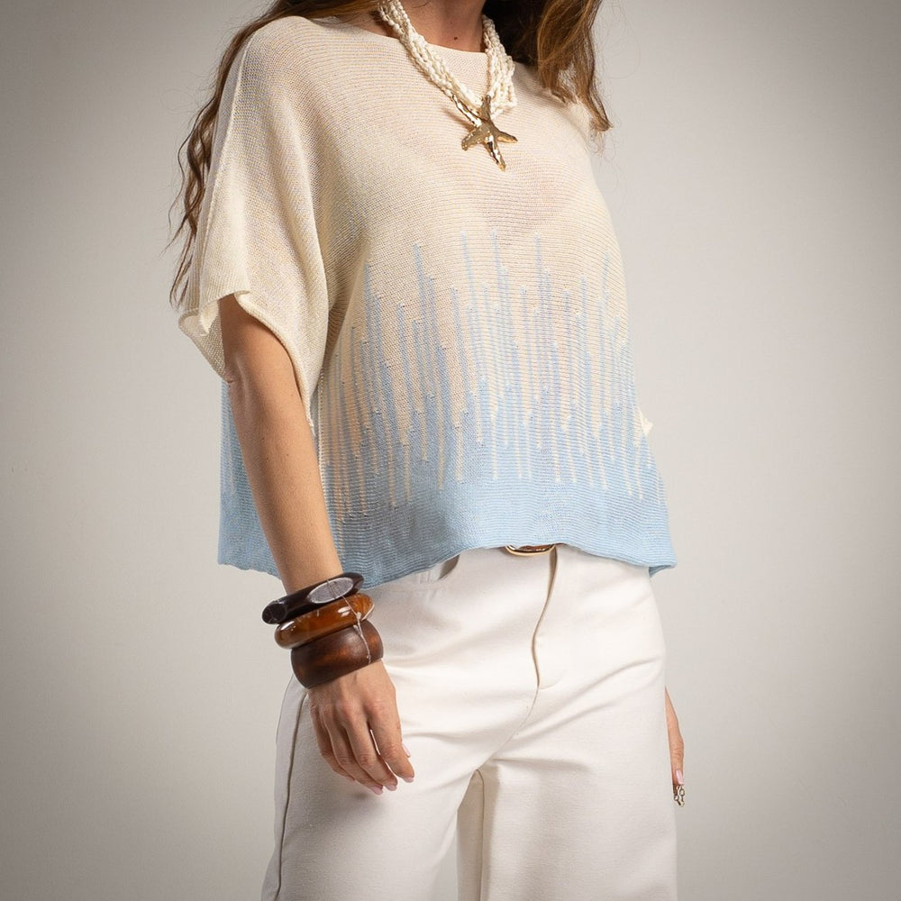 Soft sky blue summer knit shirt front detail airy knit fabric MARIΓIOÚ