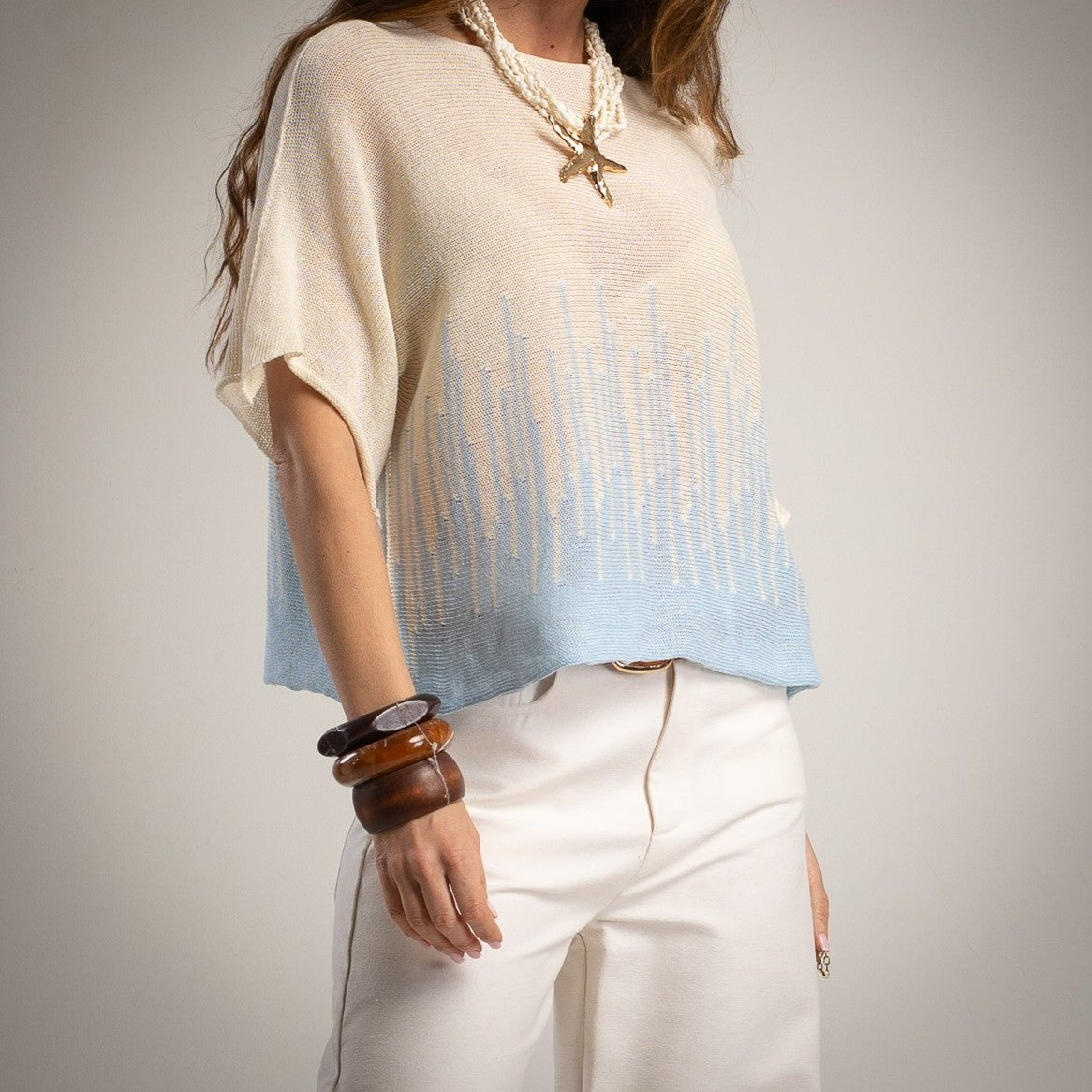 Soft sky blue summer knit shirt front detail airy knit fabric MARIΓIOÚ