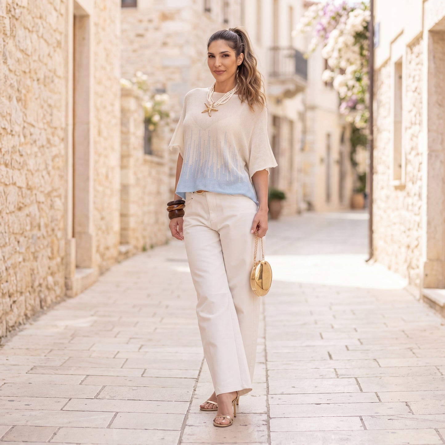 Soft sky blue summer knit shirt outfit Mediterranean street style MARIΓIOÚ