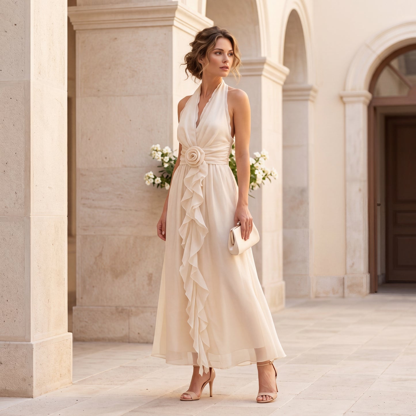 Elegant soft vanilla cream chiffon maxi dress in Mediterranean luxury courtyard