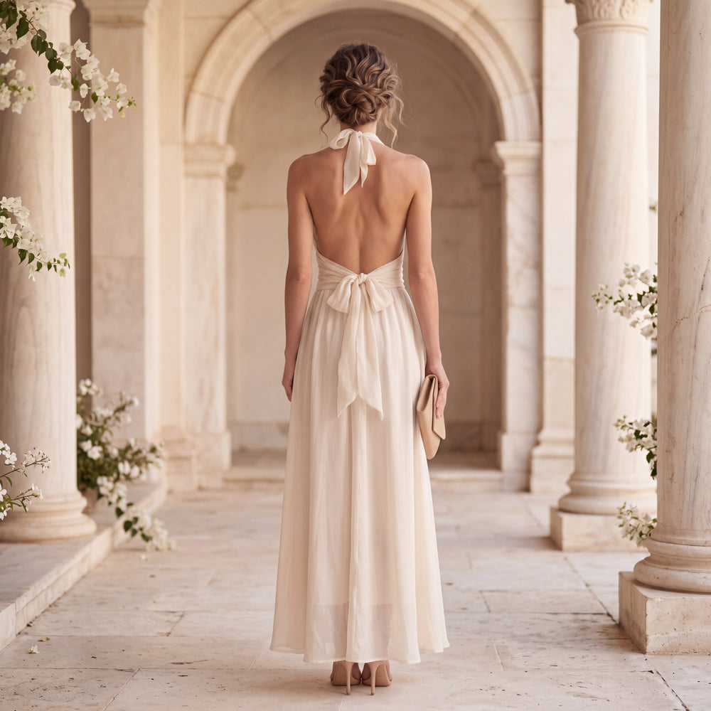 Back view of soft vanilla cream chiffon halterneck maxi dress with feminine bow detail