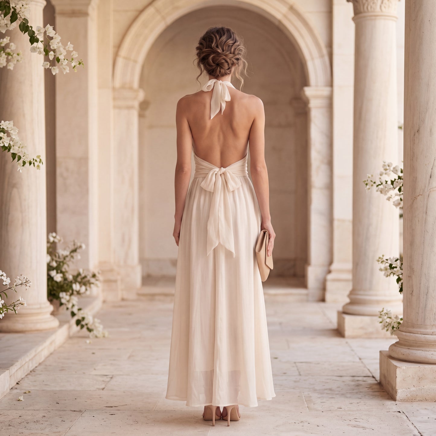 Back view of soft vanilla cream chiffon halterneck maxi dress with feminine bow detail