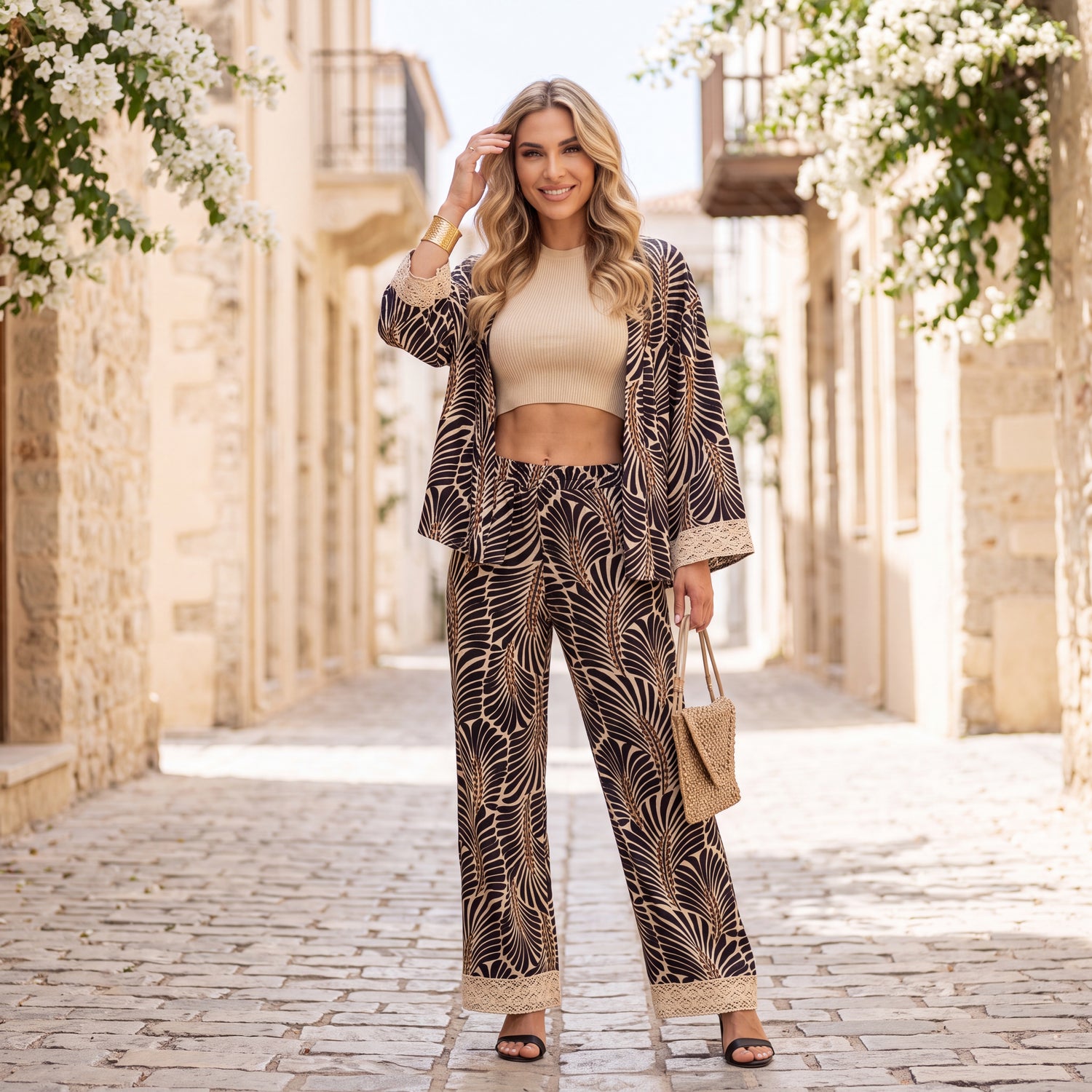 Woman wearing the Solea resort set with botanical print and wide-leg trousers