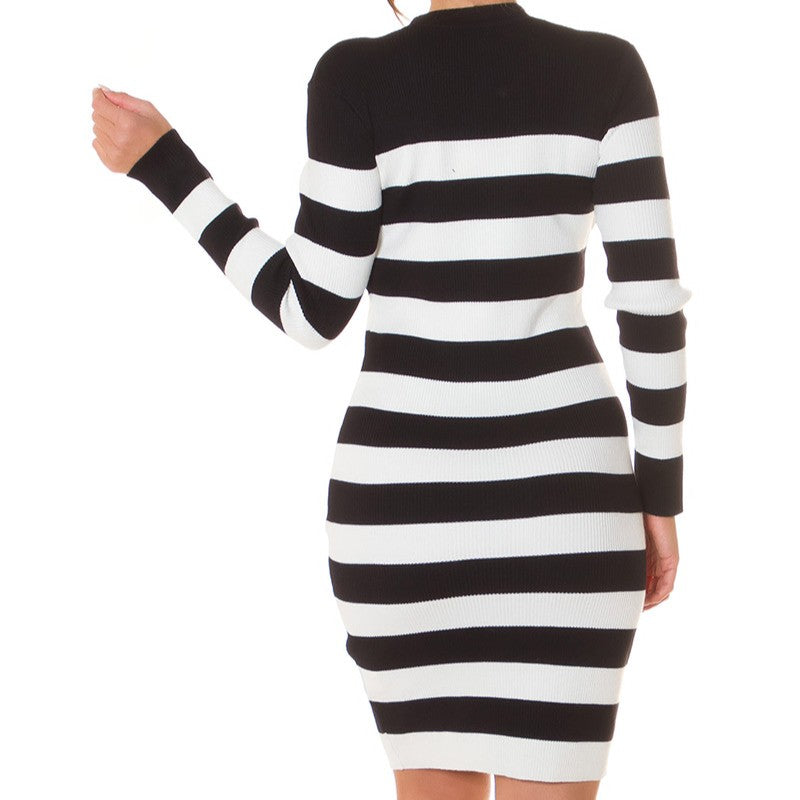 Black White striped knit bodycon midi dress with square neckline and gold buttons - back view