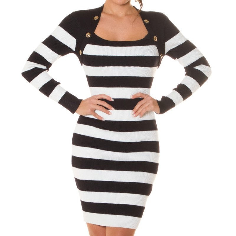 Black White striped knit bodycon midi dress with square neckline and gold buttons - front view