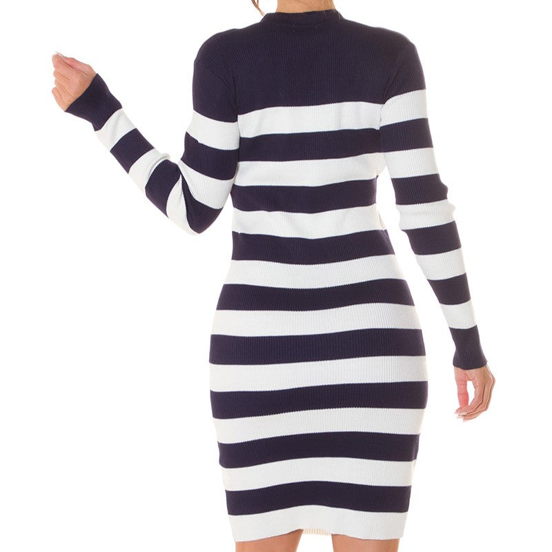 Midnight Blue striped knit bodycon midi dress with square neckline and gold buttons - back view