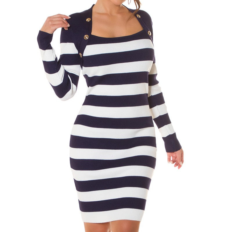 Midnight Blue striped knit bodycon midi dress with square neckline and gold buttons - front view