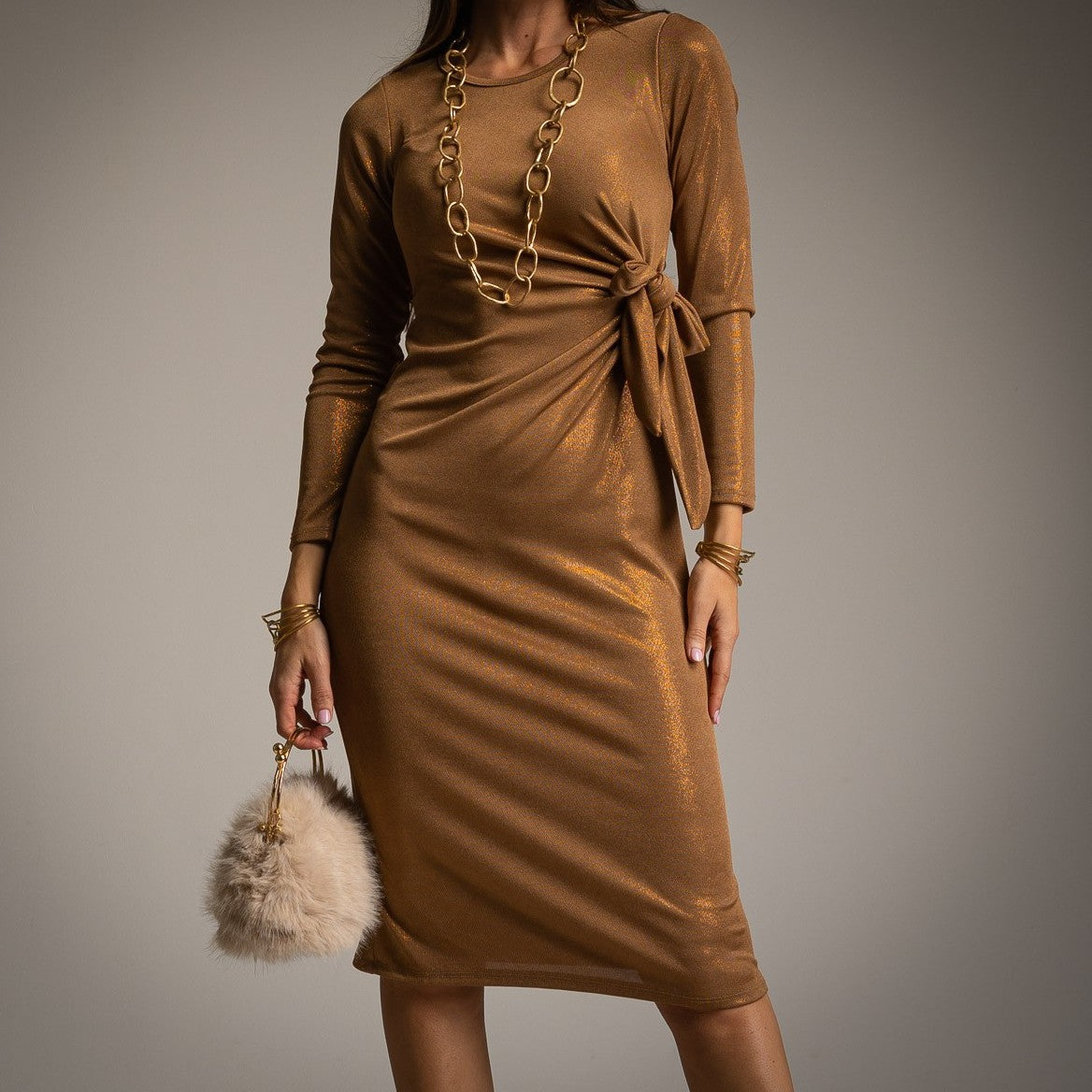 Cinnamon Brown shimmer midi dress with draped side tie and long sleeves - front view