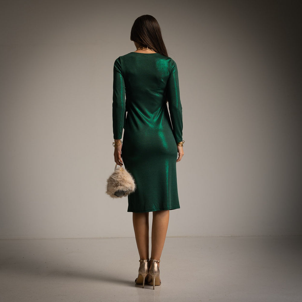 Emerald Oasis shimmer midi dress with draped side tie and long sleeves - back view