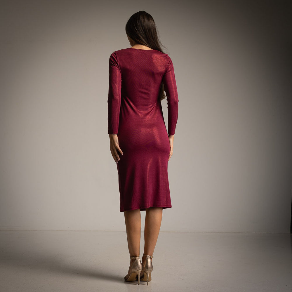 Velvet Cherry shimmer midi dress with draped side tie and long sleeves - back view
