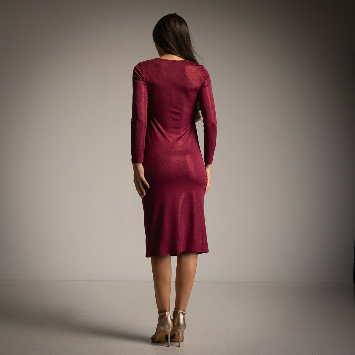 Velvet Cherry shimmer midi dress with draped side tie and long sleeves - back view
