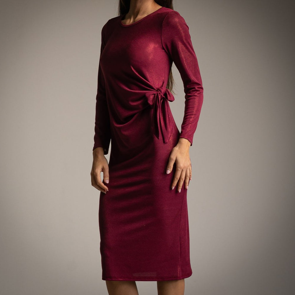 Velvet Cherry shimmer midi dress with draped side tie and long sleeves - front view