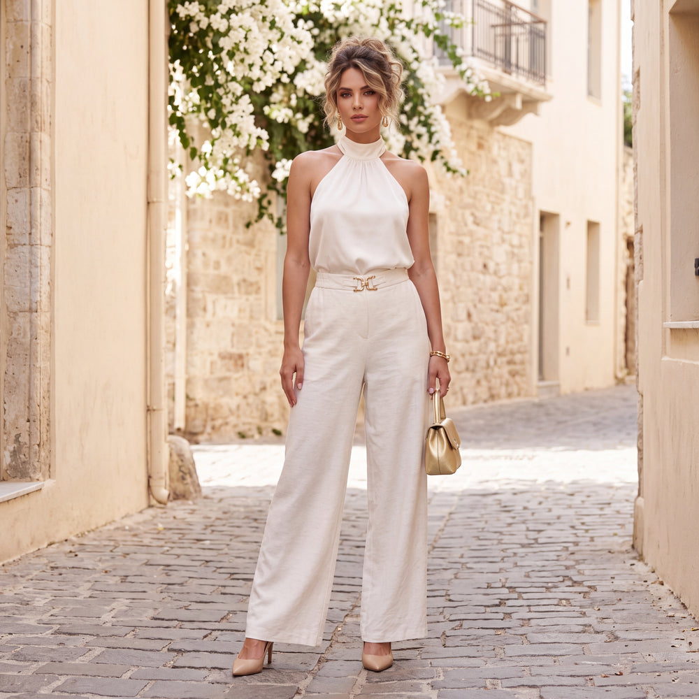 Ivory White wide-leg trousers with high waist and golden buckle detail by MARIΓIOÚ