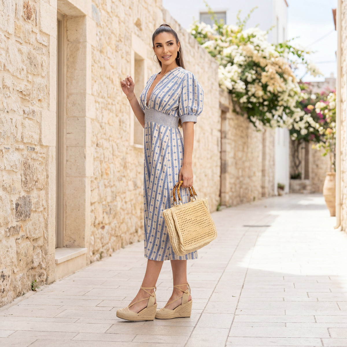 MARIΓIOÚ blue one size spring midi dress styled in Mediterranean street look