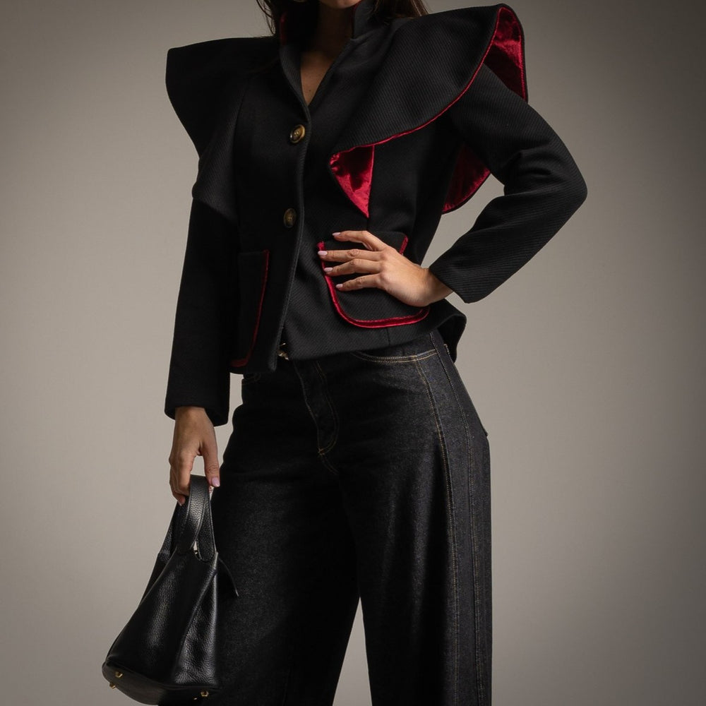 marigiou statement jacket with red velvet accents front detail