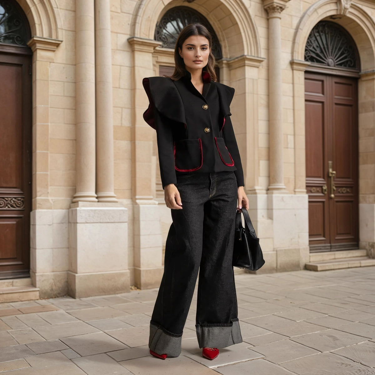 marigiou statement jacket with red velvet accents styled look