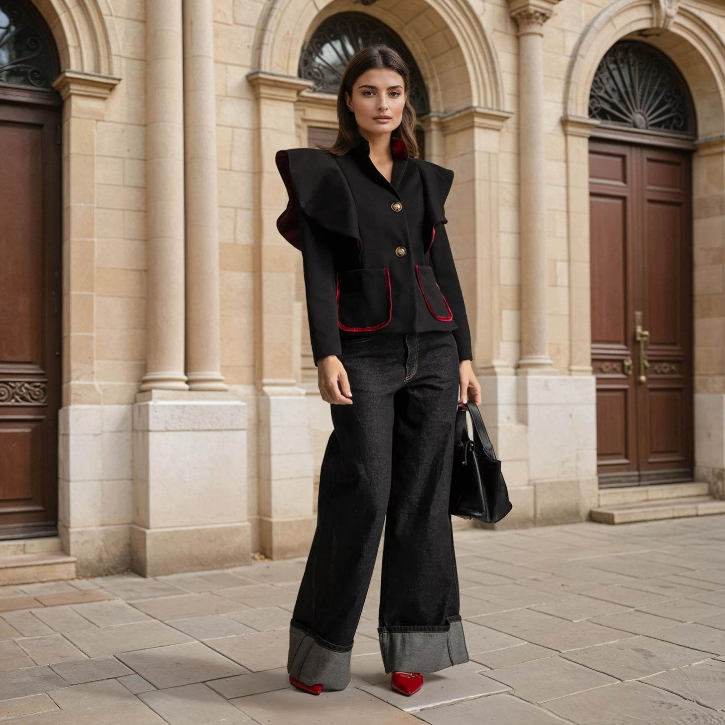 marigiou statement jacket with red velvet accents styled look