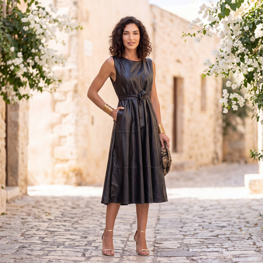 Black sleeveless faux leather midi dress with self-tie belt and flared skirt by MARIΓIOU